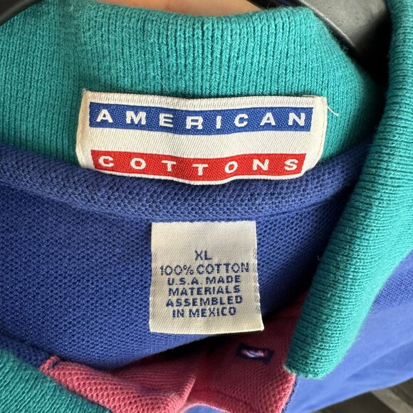 Vintage American Cottons Mens Polo Shirt XL Blue/Green Collar 100% Cotton USA Ma - Picture 3 of 4